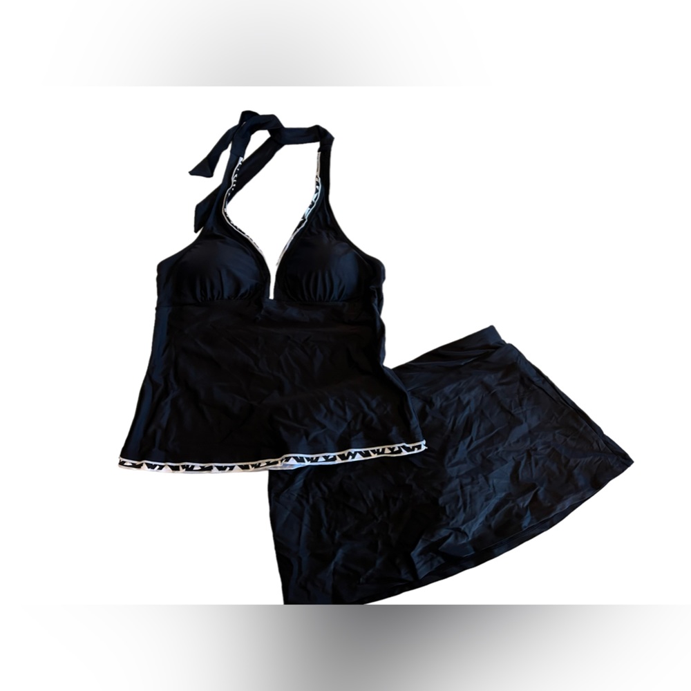 Modest halter style tankini swimsuit set with swim skirt built in swim bottoms